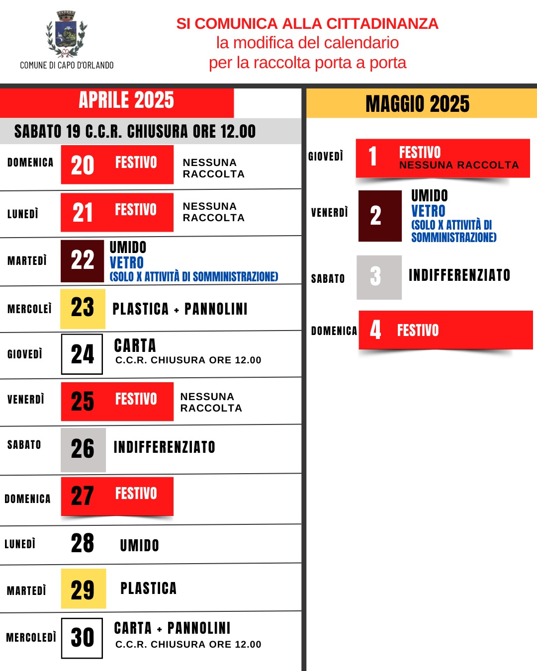 Modifiche alla raccolta porta a porta: Pasqua, 25 aprile e 1° maggio